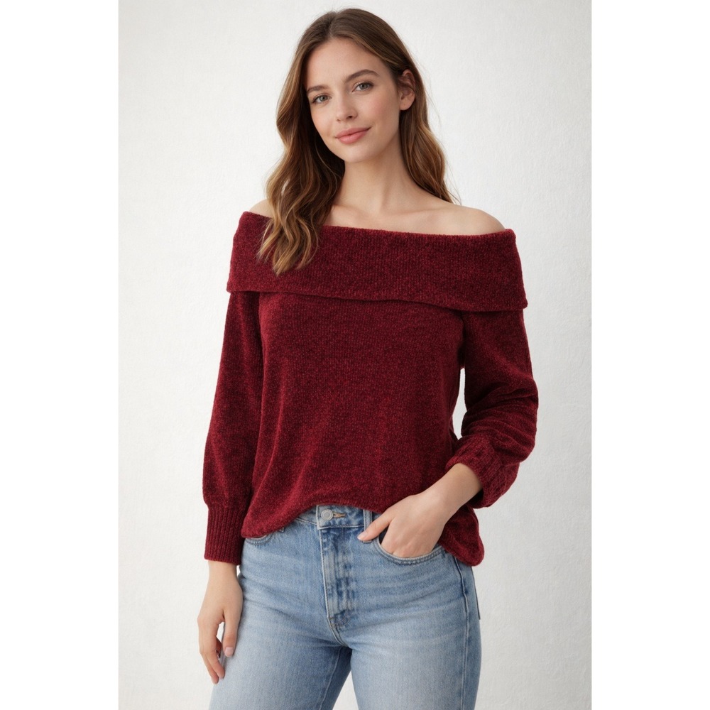 White House Black Market Burgundy Chenille Off‎ The Shoulder Sweater L Cozy Soft
